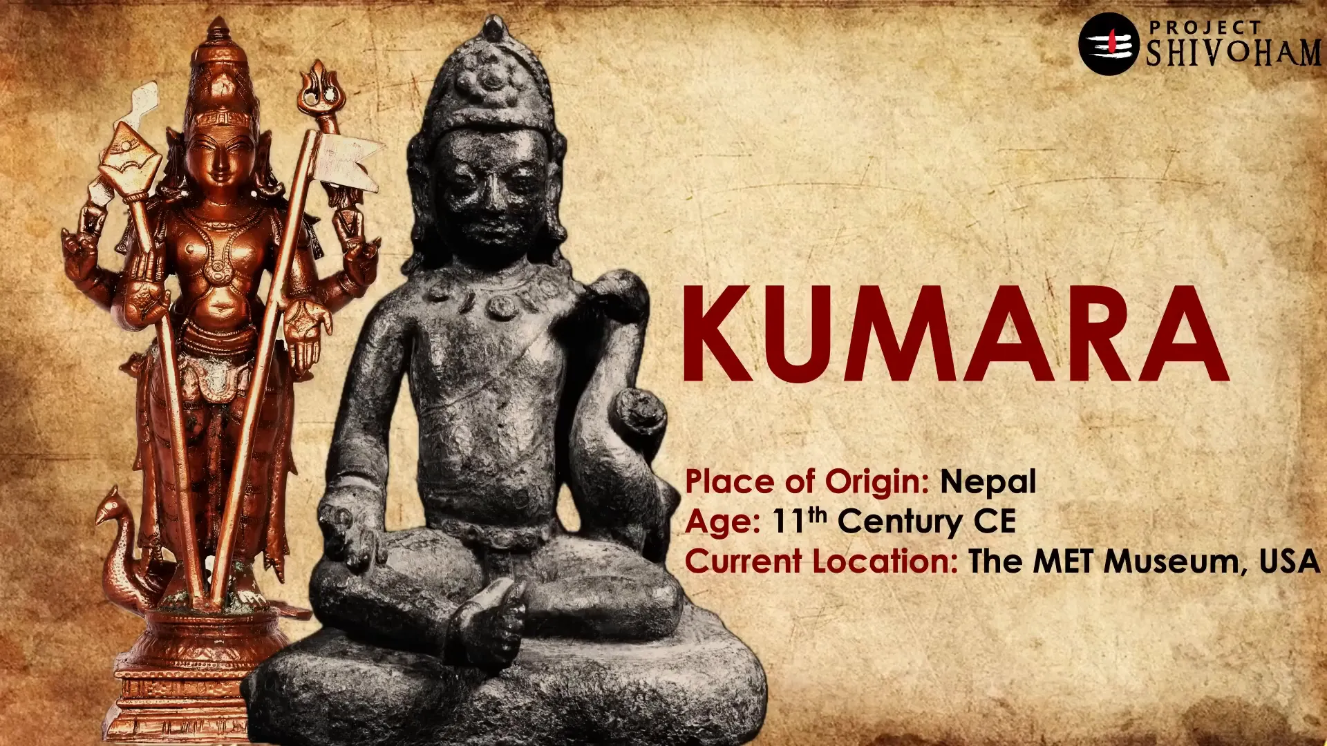 Ancient Skanda statue from Nepal holding peacock