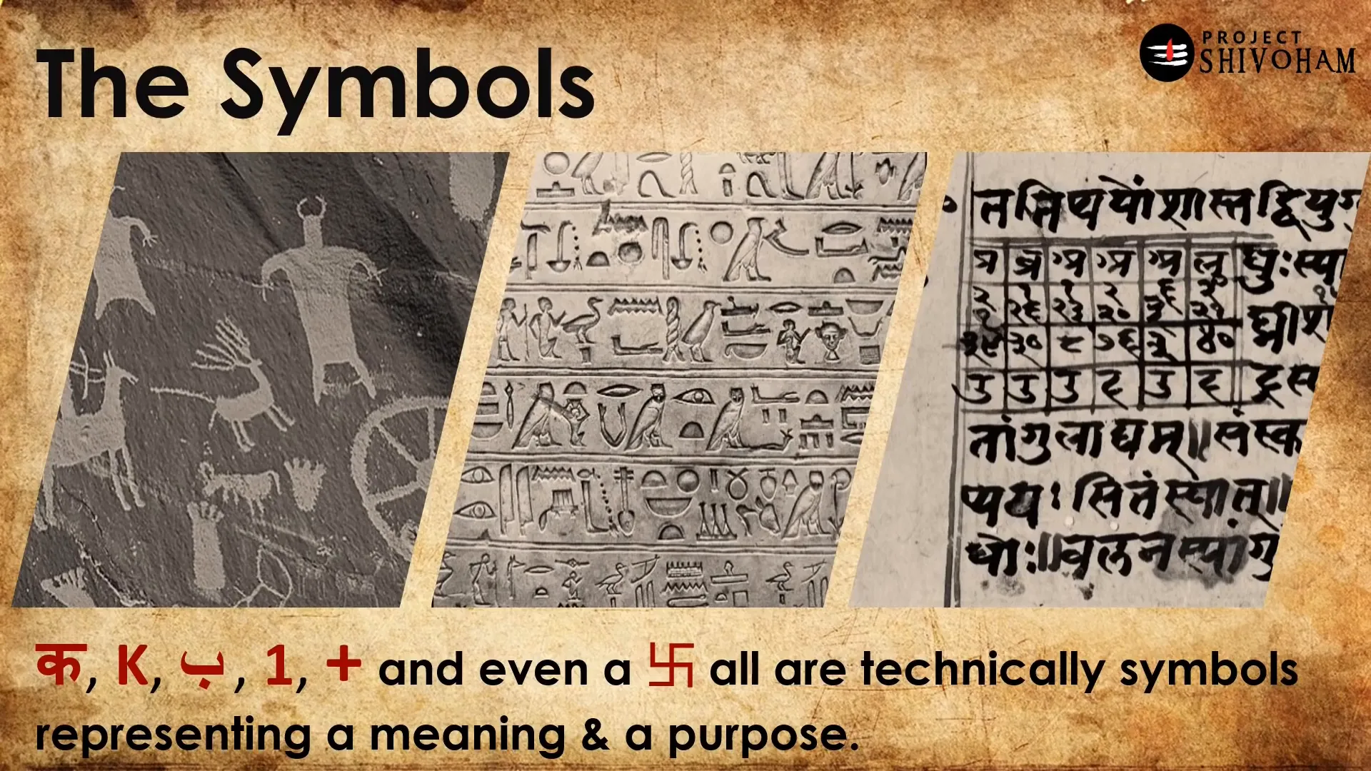 Ancient symbols carved in caves and temples representing early human communication
